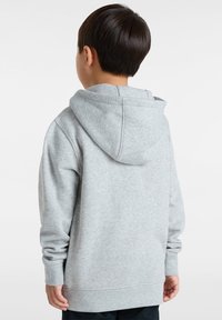 Un sweat à capuche gris en matériau doux, avec une capuche doublée, une poche kangourou et des poignets côtelés. Design simple, sans motifs visibles.