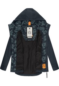Dark blue jacket with a hood, featuring a leaf pattern lining, an orange accent, and a black interior. Includes a label at the neck.