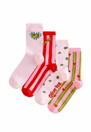 Set of four socks: solid pink, red stripes with green olives, white with green spots, and striped pink/green with hearts. Cotton blend.