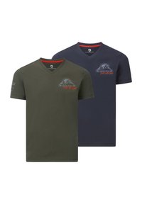 Two V-neck T-shirts: one olive green and one navy. Both made of smooth fabric; features mountain graphic and text in contrasting colors.