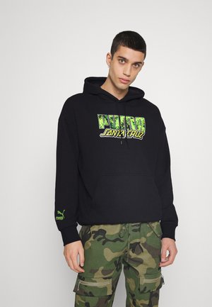 Black hooded sweatshirt with large green and white "PUMA SANTA CRUZ" graphic. Features a kangaroo pocket and green logo on the sleeve.