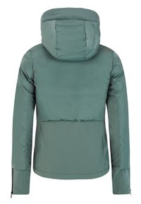 Gevoerde jas in een gedempte groene kleur met een afneembare capuchon, ritszakken aan de zijkanten en contrasterende stoffen secties op de schouders en de zoom.