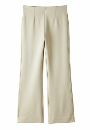 Krämfärgade byxor med breda ben, veckdetaljer och en slät tygtextur. Har rena, fulländade kanter och ingen synlig hårdvara.