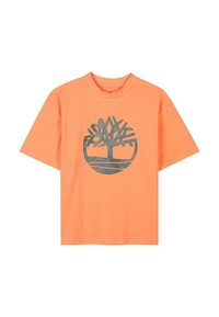 T-shirt a maniche corte in cotone arancione vivace con un logo di un albero grigio centrato sul petto, caratterizzato da un collo rotondo e una vestibilità rilassata.