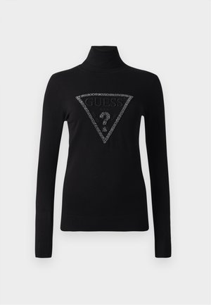 Maglione nero a maniche lunghe con collo a lupetto, decorato con un logo triangolare di Guess tempestato di gemme, che presenta un punto interrogativo sul petto.