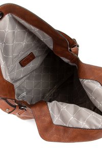 Sac à main en cuir marron ouvert montrant un intérieur en tissu gris clair avec un motif géométrique cousu et une poche intérieure zippée.