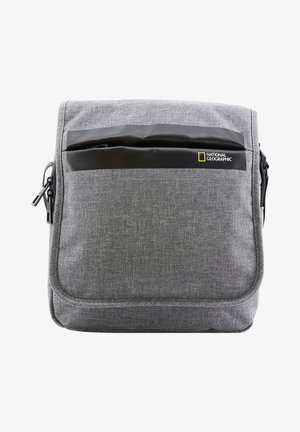 Gray messenger bag with a textured fabric exterior. Features a glossy black front pocket and National Geographic logo. Adjustable strap included.