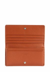 Portefeuille en cuir orange, doté de plusieurs compartiments pour cartes, d'une fermeture à pression sécurisée et d'une surface texturée avec des détails de la marque embossés à l'intérieur.