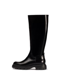 Botas de cuero negro hasta la rodilla con un acabado liso, suela de goma gruesa y un diseño mínimo. Punta redondeada y un sutil logo en la parte posterior.