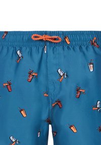 Costumi da bagno blu con un motivo di colorati bicchieri da bere, con vita elastica e un cordino arancione. Tessuto morbido al tatto.
