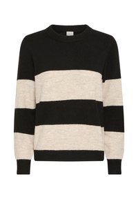 Suéter a rayas en negro y beige, con cuello redondo, textura suave, mangas largas y franjas horizontales prominentes.