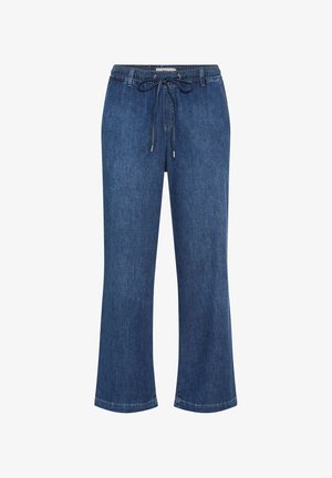 Pantaloni di denim blu con gamba larga e vita regolabile con coulisse.