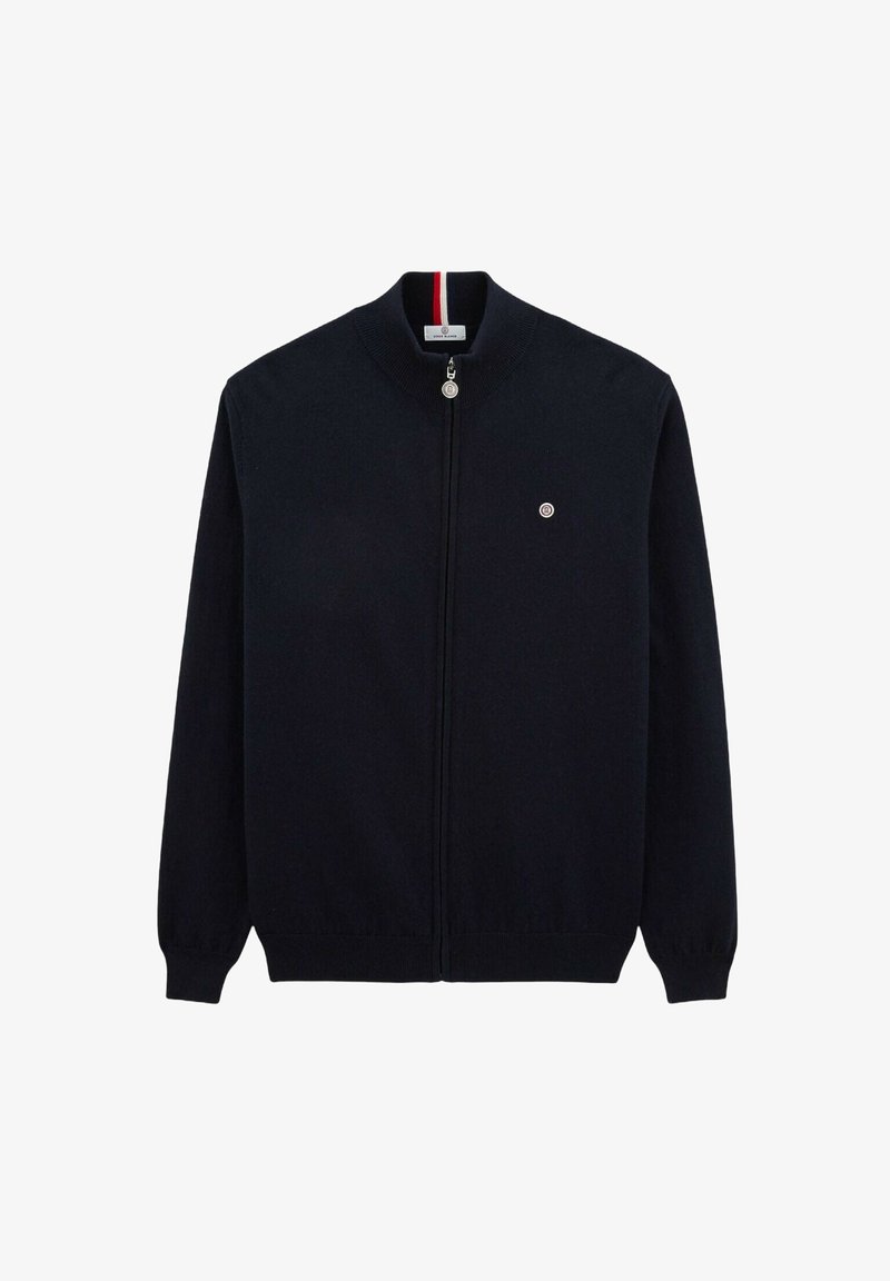 Cardigan noir en tricot zippé avec un col côtelé, des manches longues et un petit logo sur la poitrine gauche. Il présente des rayures d'accent rouge et blanc.