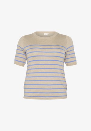 Beige színű, rövid ujjú pulcsi vízszintes világoskék csíkokkal. Kerek nyakkivágás, puha tapintás, laza fazon. Egyszerű dizájn, minták vagy díszítések nélkül.