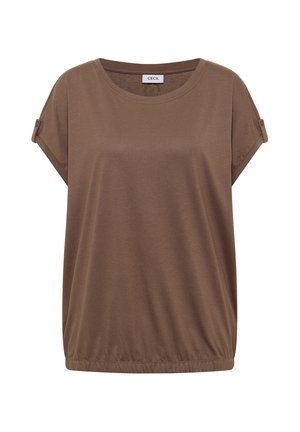 Blouse marron à manches courtes avec encolure ronde, manches à patte avec bouton et ourlet élastique de la marque Cecil.