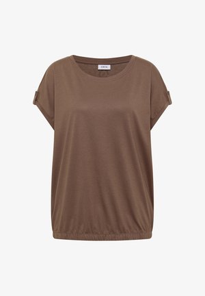 Blouse marron à manches courtes avec encolure ronde, manches à patte avec bouton et ourlet élastique de la marque Cecil.