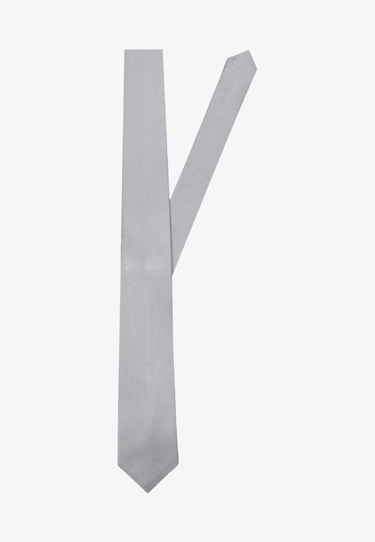 Lichtgrijze zijden stropdas met een gladde textuur, smalle vorm en puntige uiteinden. Bevat een subtiel geweven patroon voor extra detail.