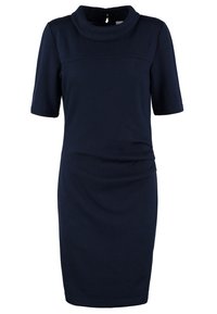 Robe en bleu marine côtelée avec un col haut et des manches courtes ; elle présente une silhouette ajustée et un léger froncé à la taille.