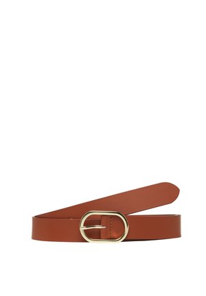 Brown leather belt with a gold oval metal buckle, shown partially coiled on a white background.