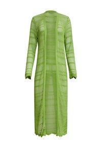 Langer, offener Cardigan in Neon Grün. Aus leichtem, durchscheinendem Strick mit einem Netzmuster gefertigt. Verfügt über lange Ärmel und einen gewellten Saum.
