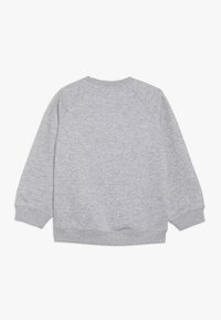 Grijze sweatshirt, katoenen stof, ronde hals, ribgebreide boorden en onderrand. Heeft raglanmouwen en een gladde textuur zonder versieringen.