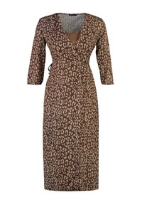 Robe portefeuille marron avec imprimé léopard beige, manches trois-quarts et décolleté en V avec une doublure intérieure marron uni.
