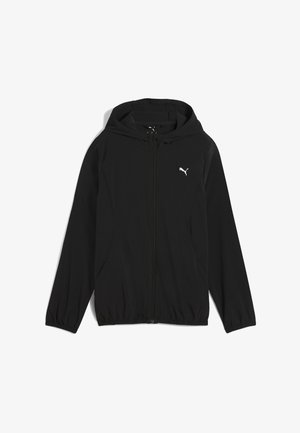 Sweat à capuche noir zippé avec logo Puma sur le côté gauche de la poitrine, poignets et ourlet élastiques, et une capuche, posé à plat sur un fond blanc.