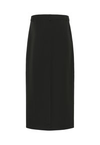 Jupe crayon noire en tissu lisse, avec une coupe droite, de longueur mi-mollet, et sans ornements visibles.