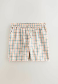 Shorts pour hommes à taille élastique avec un motif à carreaux bleu clair, pêche et blanc, dotés de poches latérales et d'une coupe décontractée.