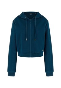 Felpa con zip cropped di colore teal scuro, realizzata in tessuto testurizzato. Presenta un cappuccio, un cordino dorato e dettagli con zip, e polsini a costine.