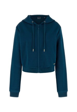 Korte rits hoodie in diep teal, gemaakt van textuurstof. Heeft een capuchon, gouden trekkoord en ritssluiting accenten, en ribbel manchetten.