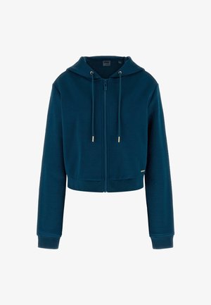 Korte rits hoodie in diep teal, gemaakt van textuurstof. Heeft een capuchon, gouden trekkoord en ritssluiting accenten, en ribbel manchetten.