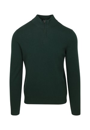 Donkergroen pullover trui met een hoge kraag en kwart-ritssluiting. Gemaakt van zachte stof, met lange mouwen en een slimfit ontwerp.