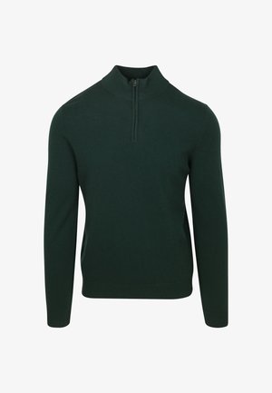 Donkergroen pullover trui met een hoge kraag en kwart-ritssluiting. Gemaakt van zachte stof, met lange mouwen en een slimfit ontwerp.