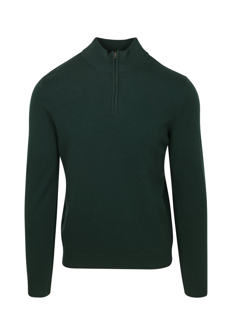 Donkergroen pullover trui met een hoge kraag en kwart-ritssluiting. Gemaakt van zachte stof, met lange mouwen en een slimfit ontwerp.