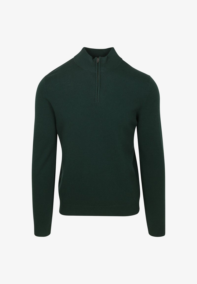 Donkergroen pullover trui met een hoge kraag en kwart-ritssluiting. Gemaakt van zachte stof, met lange mouwen en een slimfit ontwerp.