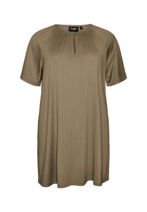 Robe côtelée vert olive à manches courtes avec un col rond et une petite ouverture goutte à l'avant, coupe ample.