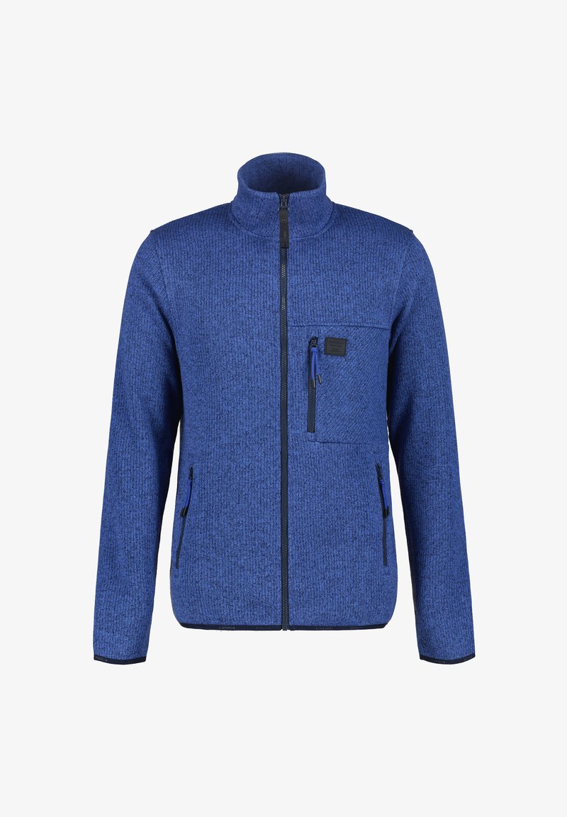 Blå fleecetröja med hög krage, dragkedja fram och en bröstficka. Har en texturerad tyg och kontrasterande svarta dragkedjor.