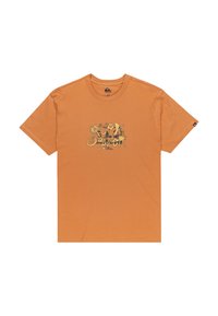 Oranje katoenen T-shirt met een grafisch ontwerp met bloemen en tekst in het geel en zwart. Korte mouwen en een ronde halslijn.