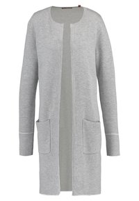 Ljusgrå cardigan i mjukt tyg, med rak klippning, öppen front och två framfickor. Slät textur med minimala sömnadsdetaljer.