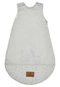 Hellgrauer Schlafsack mit blauen Dinosaurier-Drucken, einem runden, gepunkteten Boden und einem braunen Lederlogo-Tag am unteren Ende. Verstellbare Druckknopfverschlüsse.