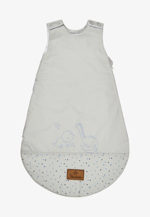 Light gray sleeping sack with blue dinosaur prints, a round polka-dotted base, and a brown leather logo tag at the bottom. Adjustable snap closures.