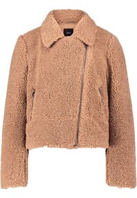 Hellbraune, fuzzy, kurz geschnittene Jacke mit Reverskragen, Reißverschluss und zwei vorderen Taschen, aus weichem, strukturiertem Material gefertigt.