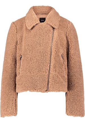 Light brown furry cropped jacket featuring a lapel collar, zip closure, and two front pockets, made from soft, textured material.