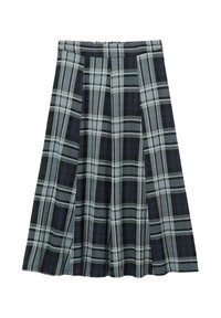 Rutet plisseret nederdel i mørkeblå og lys blå, med en tætsiddende taljebånd og letvægts stof for komfort.