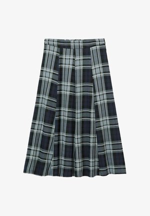 Tumman laivastonsinisen ja vaaleansinisen ruudullinen laskostettu hame, jossa on tiukka vyötäröosa ja kevyt kangas mukavuutta varten.