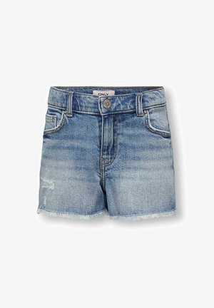 Jeansshorts mit einer hellblauen Waschung, fransigem Saum, leichtem Verblassen und zwei Fronttaschen. Mit einem Metallknopf und Reißverschluss ausgestattet.