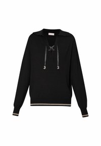 Czarny sweter z kołnierzem, rozcięciem na sznurowanie z przodu i srebrnymi akcentami. Posiada długie rękawy oraz fakturowany dół z kontrastowym paskiem.
