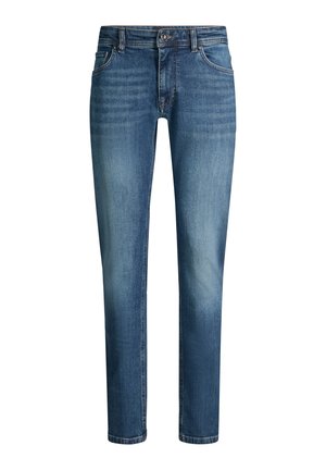 Jeans blu slim fit con bottone e cerniera frontale, tasche anteriori e posteriori e dettagli sbiaditi su cosce e ginocchia.