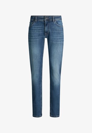 Blauwe slim-fit jeans met een knoop en rits aan de voorkant, voor- en achterzakken, en vervaagde details op de dijen en knieën.